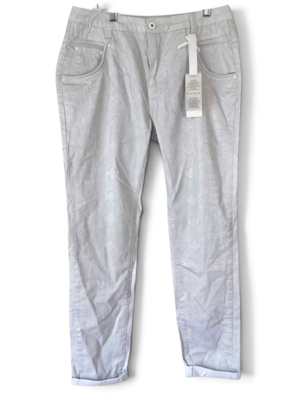Bianco Blake Girlfriend Jeans in white silver snake print lurex